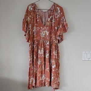 Oversized Floral V-Neck Ruffle Sleeve Dress